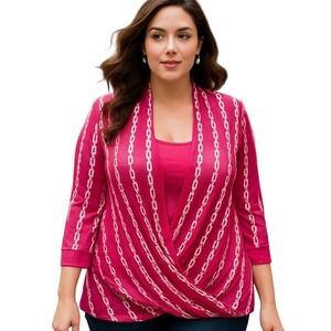 New York & Company Chain Print Top‎ 3/4 Sleeve Layered Look Pink XL